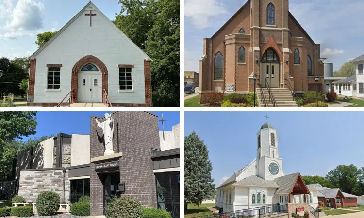 Images of Sacred Heart parishes in Bedford, Chariton, West Des Moines, and Woodbine