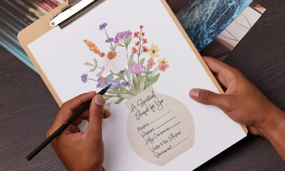 Image of water color flowers in a vase with the text "A