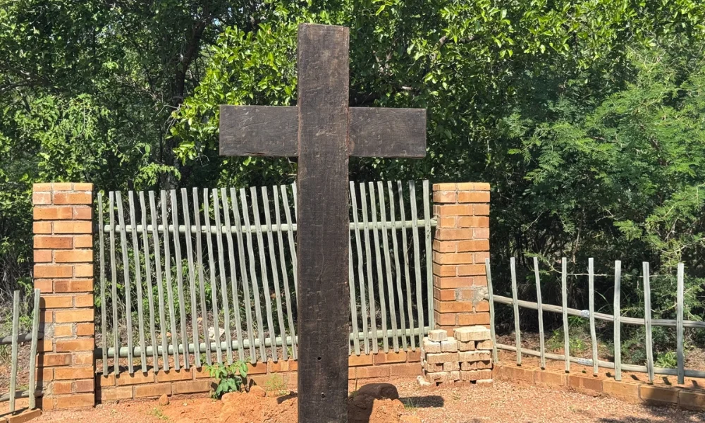 One of the wooden crosses after being installed up on t