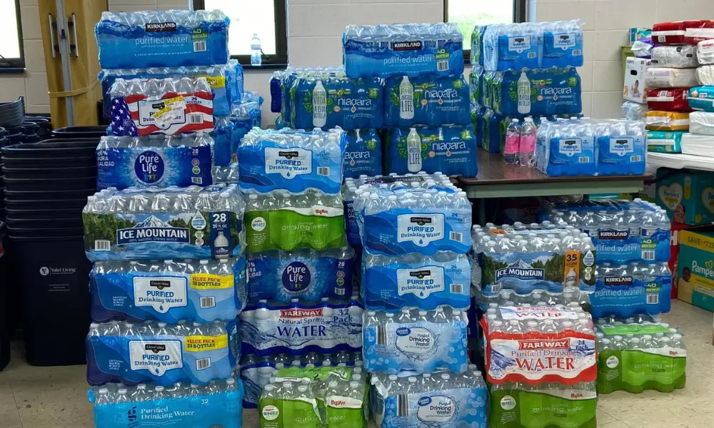 Water bottles being collected for the citizens of Greenfield impacted by the tornado damage.