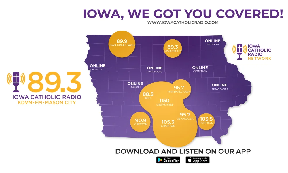 Map of Iowa Catholic Radio coverage highlighting the ne