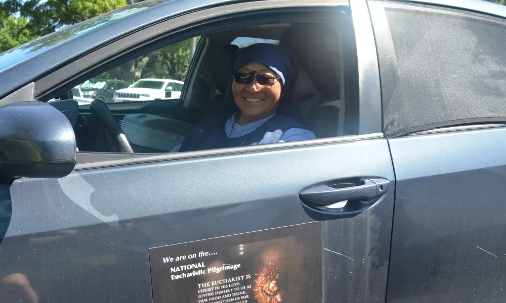 Sister Mary Rose Chinn in her car in Imogene