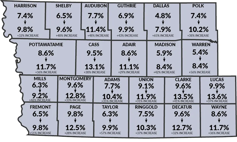 Map of food insecurity rates across the Diocese of Des Moines