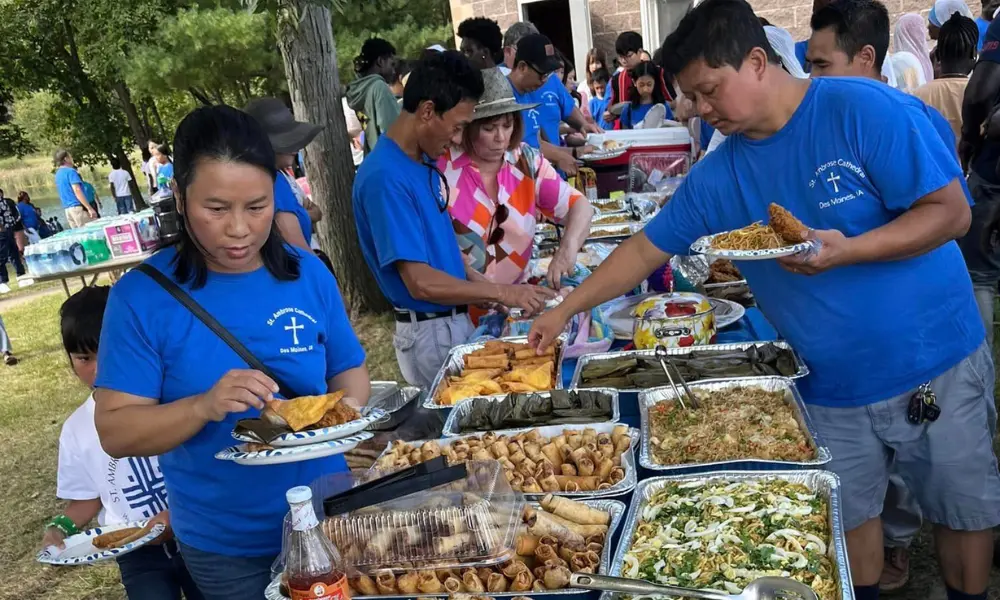 Table of food at the Hmong-Lao farm picnic